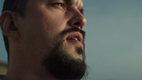 Portrait Bearded Man Looking Forward on Nature