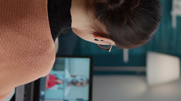 Vertical Video Female Student Talking on Online Class Video Call to Study