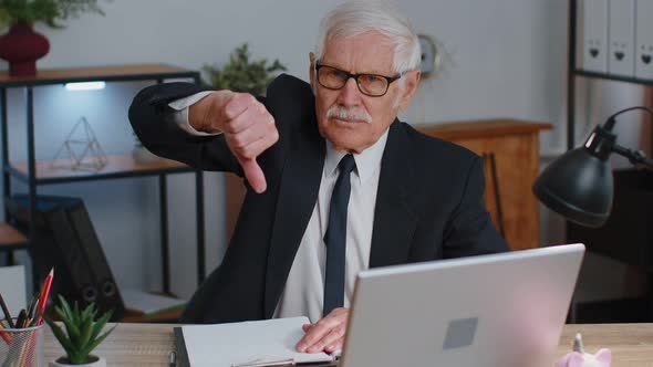 Upset Senior Business Man Showing Thumbs Down Sign Gesture Disapproval Dissatisfied Dislike