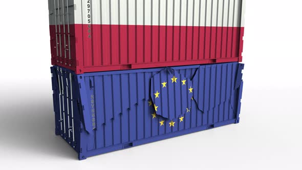 Container with Flag of Poland Breaks Cargo Container with Flag of EU