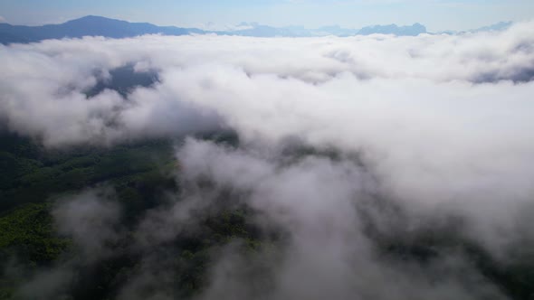 An aerial view from a drone flying over the many fogs in the mountains