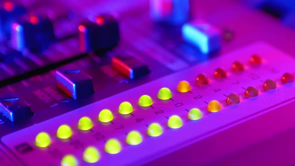 LED Indicator Level Signal of Volume on the Sound Mixing Console or Dj Console on the Party in
