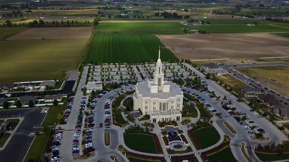 Aerial view of the Church of Jesus Christ of Latter Day Saints temple in Payson, UT on a beautiful c