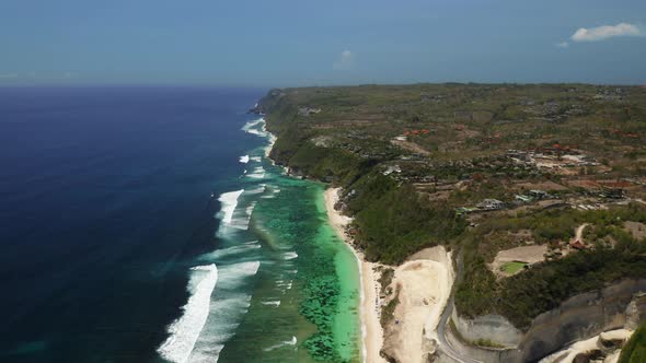 Aerial Drone Flight Over South Coast of Island Bali Indonesia