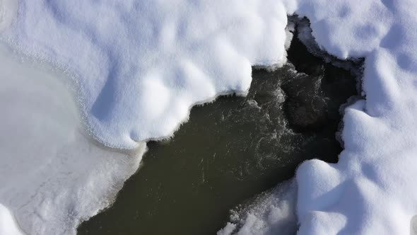 stream rushing water keep winter ice and snow melted overhead view