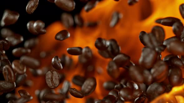 Super Slow Motion Shot of Coffee Beans and Flames After Being Exploded at 1000Fps.