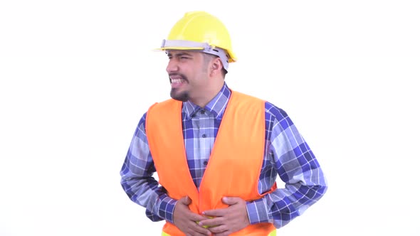 Stressed Bearded Persian Man Construction Worker Having Stomachache