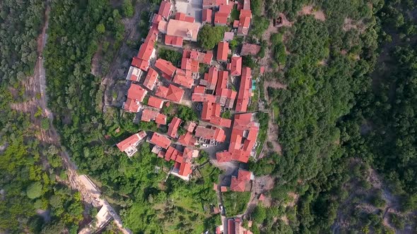 Aerial view of Beli cityscape at the top of mountain, Cres island, Croatia.