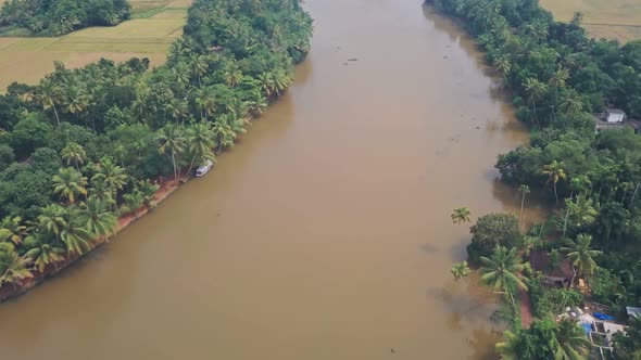 Kerala backwaters river landscape at Alleppey, India. Aerial drone view