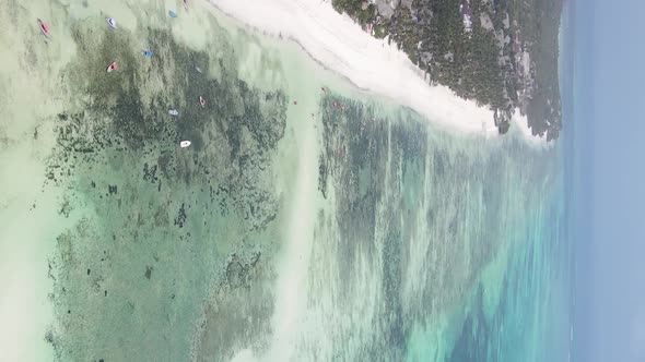 Vertical Video Boats in the Ocean Near the Coast of Zanzibar Tanzania Aerial View