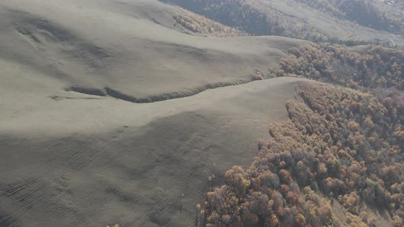 Flying over beautiful mountains in Bakuriani. Aerial view of Autumnal forest. Georgia