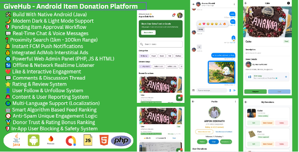 GiveHub | Donation and Item Sharing Android App in Java with Web Admin Panel
