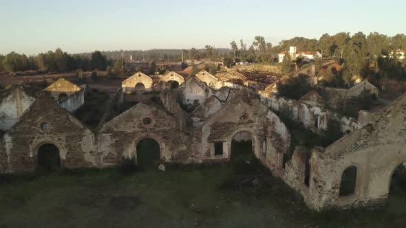 Aerial drone view of the abandoned mines of Mina de Sao Domingos, in Alentejo Portugal