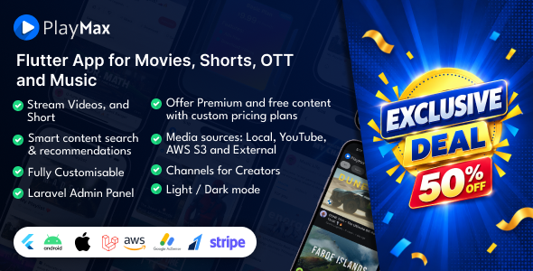 Playmax Flutter app for Online Videos, Reels & Shorts with Laravel Admin Panel
