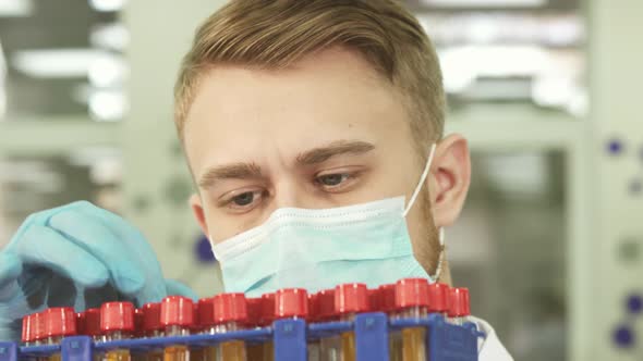 A Serious Lab Technician Studies Test Tubes with Assays