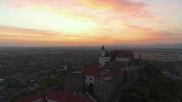 Beautiful Sunset Evening View from Above of the Castle Palanok in Mukachevo Ukraine