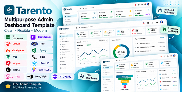 Tarento – Bootstrap, PHP, React, Next.js, Flask, Vue, Angular, Laravel Admin Dashboard Template