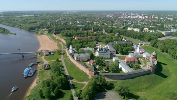 Panoramic aerial view of Veliky Novgorod, the red brick Kremlin