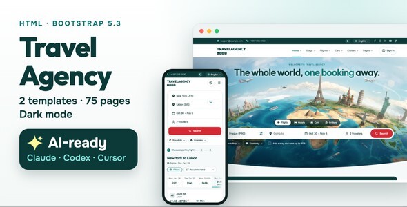 Travel Agency - AI Ready Flight, Hotel, Car & Cruise Booking HTML Template