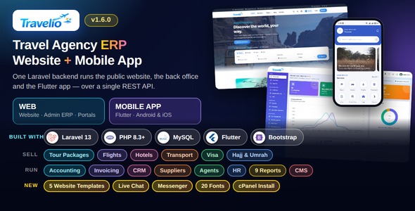 Travelio – Travel Agency ERP with Laravel Admin, Multi-Vendor Booking & Flutter App
