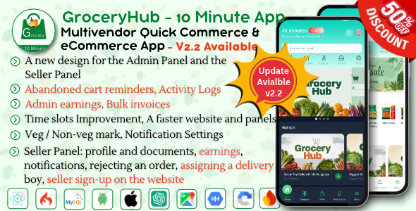 GroceryHub - 10 Minute App Multivendor Quick Commerce & eCommerce App | AI Insight | Multi Cart