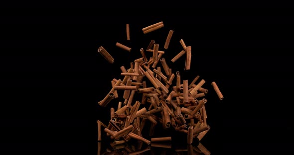 Cinnamon sticks, cinnamomum zeylanicum, spice falling against Black Background, Slow Motion 4K