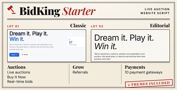BidKing Starter – PHP Auction Script | Penny, Reverse, Sealed & Unique Bid Auctions, Live Bidding