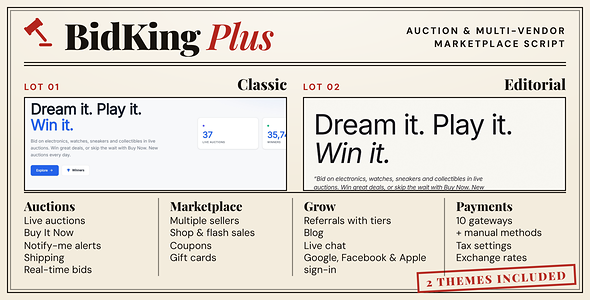 BidKing Plus – Multi-Vendor Auction & Shop Script | Shipping, Flash Sales, Coupons, Gift Cards