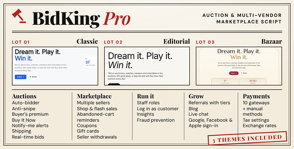 BidKing Pro – Multi-Vendor Auction Marketplace | Proxy Bidding, Anti-Snipe, Buyer’s Premium