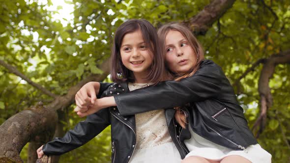 Joyful Cute Sisters in Summer Clothes Sitting in Embrace on Branch of Old Tree