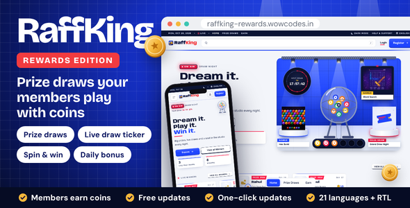 RaffKing Rewards – Coins Prize Draw Platform | Live Draws, Spin & Win, Daily Bonus