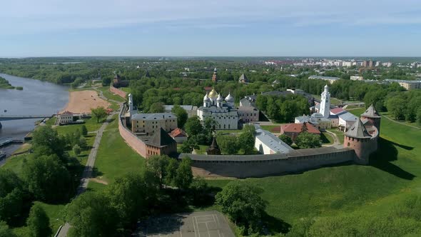 Panoramic aerial view of Veliky Novgorod, the red brick Kremlin