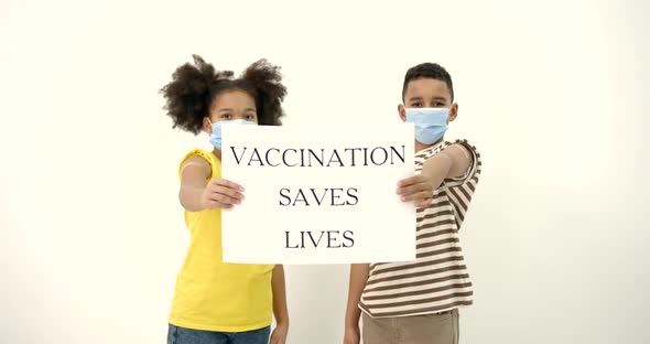 Vaccinated Black Kids with Banner Over White Background