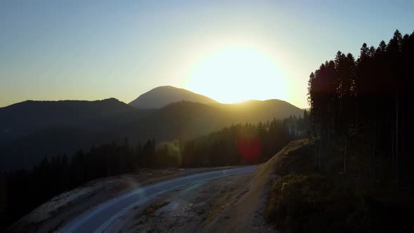 morning sunrise under the mountain, green forest, pine trees, drone is flying on the trees