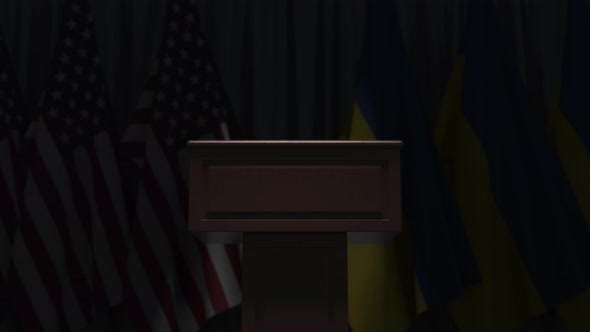 Flags of Ukraine and the USA at International Meeting alt