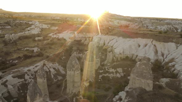 Sun Over Goreme. Cappadocia, Turkey. Aerial View