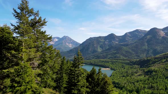 Flying just over the pine trees to reveal a scenic lake in the Rocky Mountain landscape on a summer