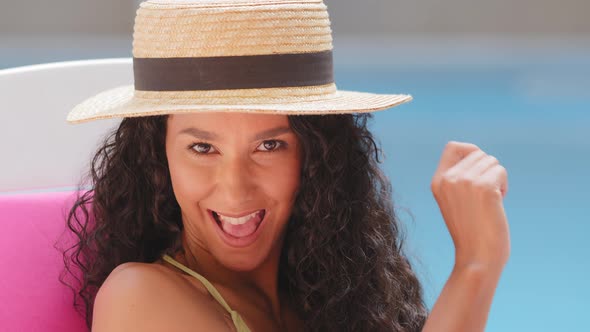 Attractive Happy Millennial Hispanic Girl in Summer Hat Enjoying Vacation