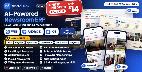 MediaDesk – AI News Portal, Newspaper CMS & Newsroom ERP with Flutter App