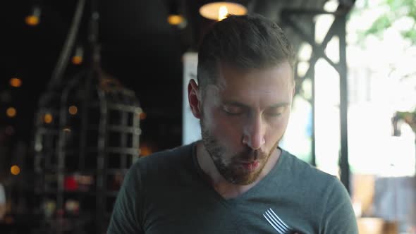 Man Eating Food, Meat Steak In Restaurant Closeup