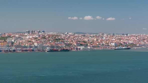 Panorama of Lisbon Historical Centre Aerial Timelapse Viewed From Above the Southern Margin of the