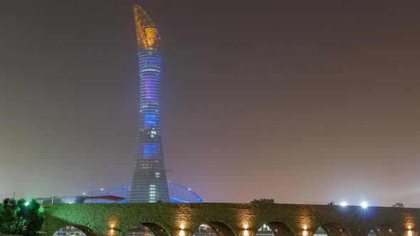 The Aspire Tower or Torch Hotel Timelapse in Doha Sports City at Night