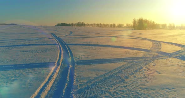 Aerial Drone View of Cold Winter Landscape with Arctic Field, Trees Covered with Frost Snow and