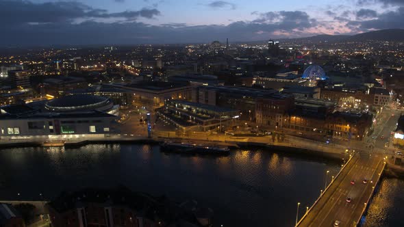 Belfast city centre aerial flyover. River Lagan