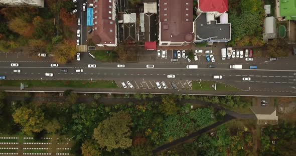 Drone View From Above to the Road Traffic in Autumn Time