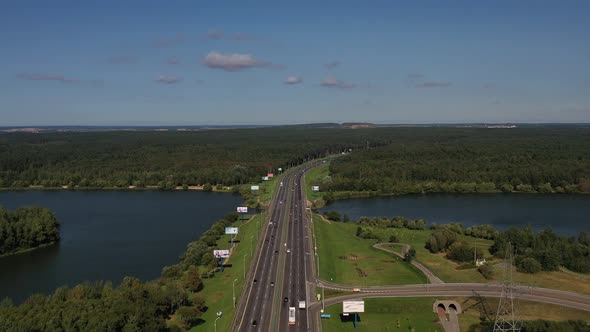 Top View of the Ring Road with Cars in Minsk and the Drozdy Reservoir