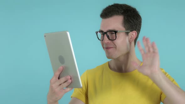 Video Chat By Man Via Tablet, Blue Background