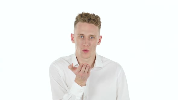 Flying Kiss By Young Businessman White Background