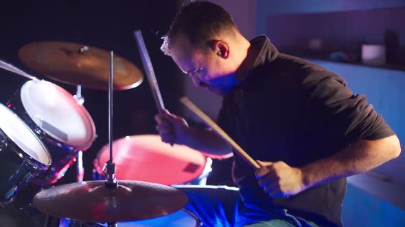 Drummer Man Playing Drums Nightclub