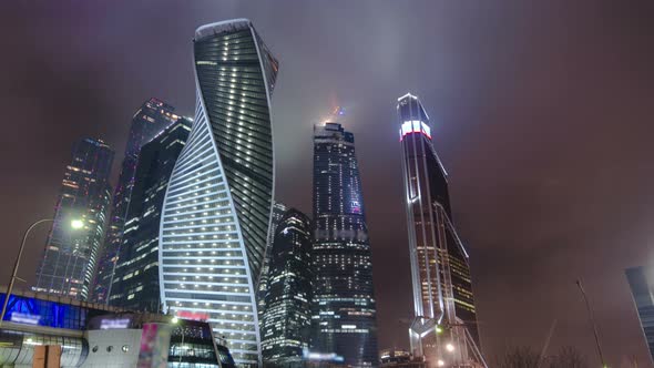 Skyscrapers International Business Center City Night Timelapse Hyperlapse Moscow Russia